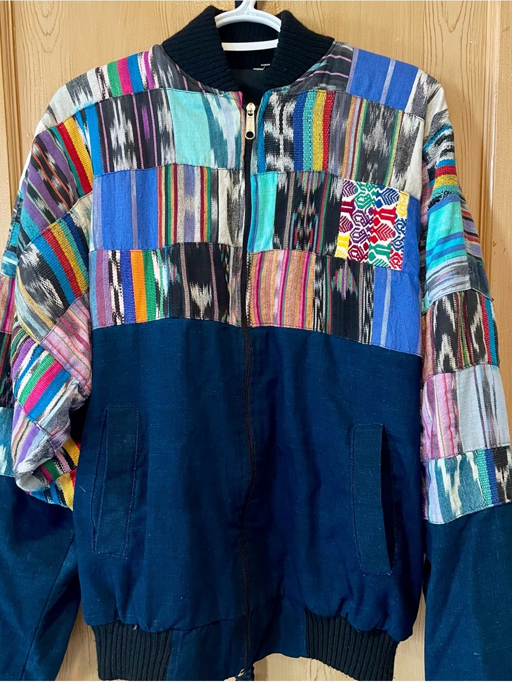 VTG Guatemalan Ikat Patchwork Bomber Jacket Colorful Handwoven